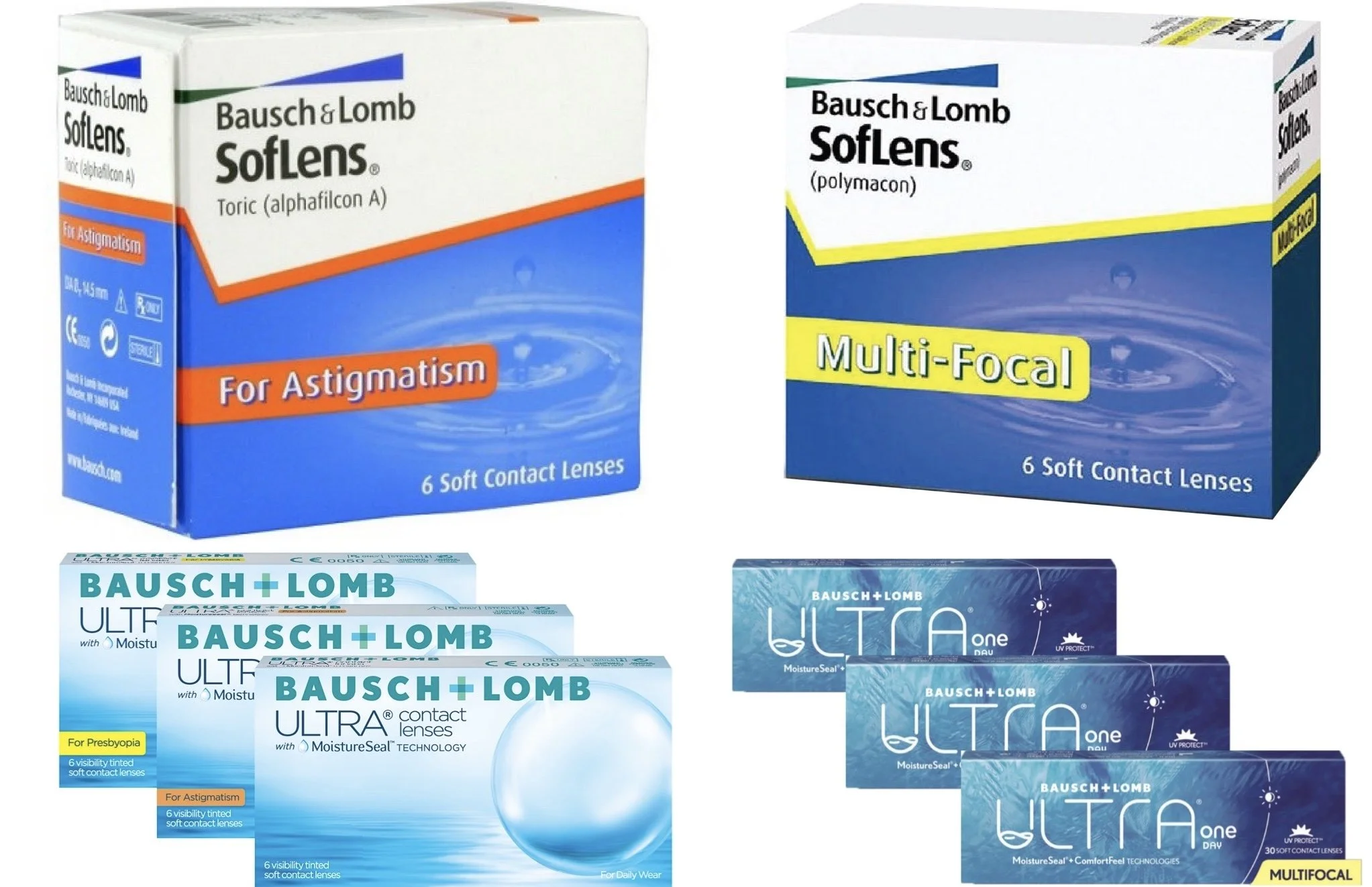 Daily and monthly lenses for myopia (near-sightedness), hyperopia (far-sightedness), and presbyopia (老花眼).