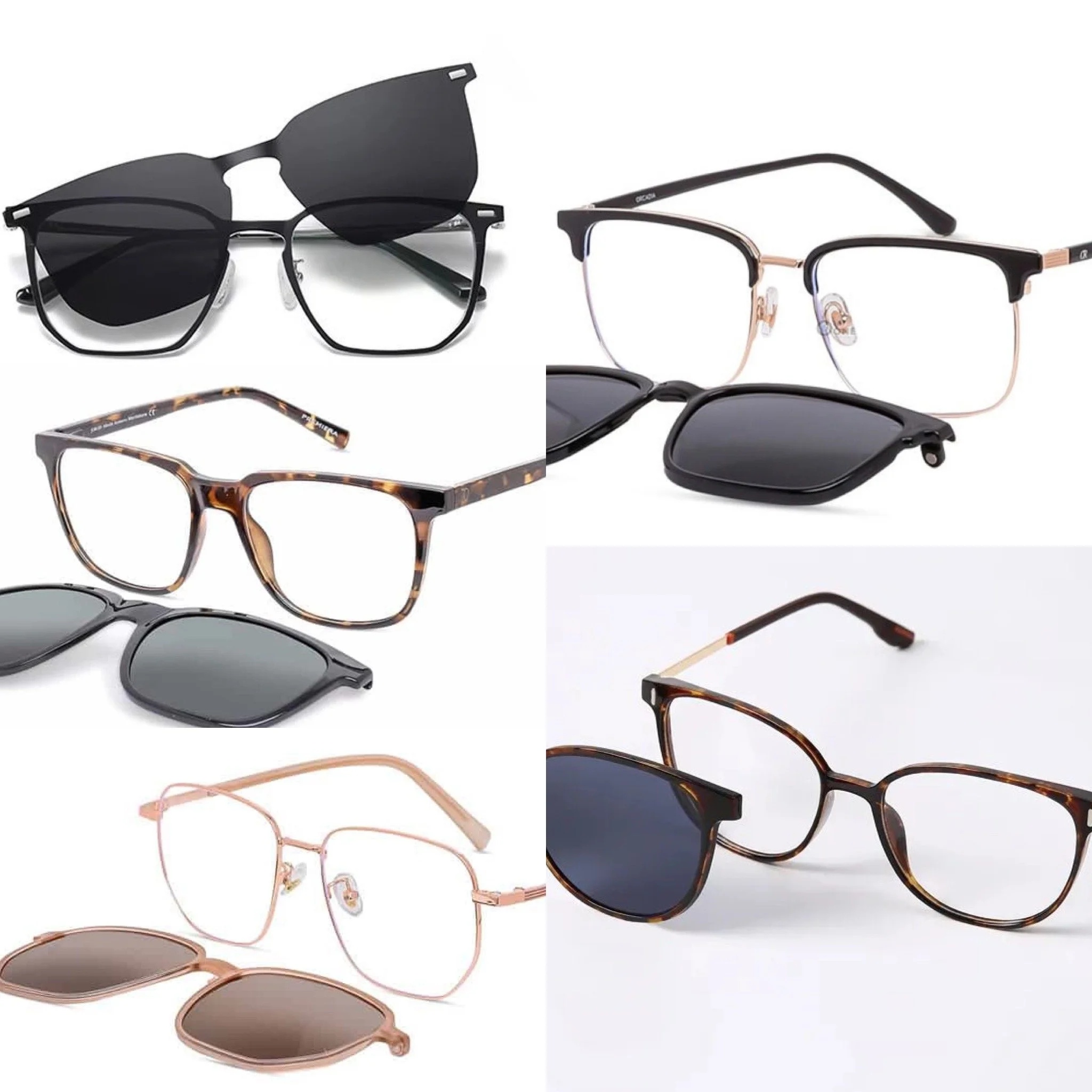 Spectacle frames in a variety of styles with polarized sunglasses clip-onscreen.