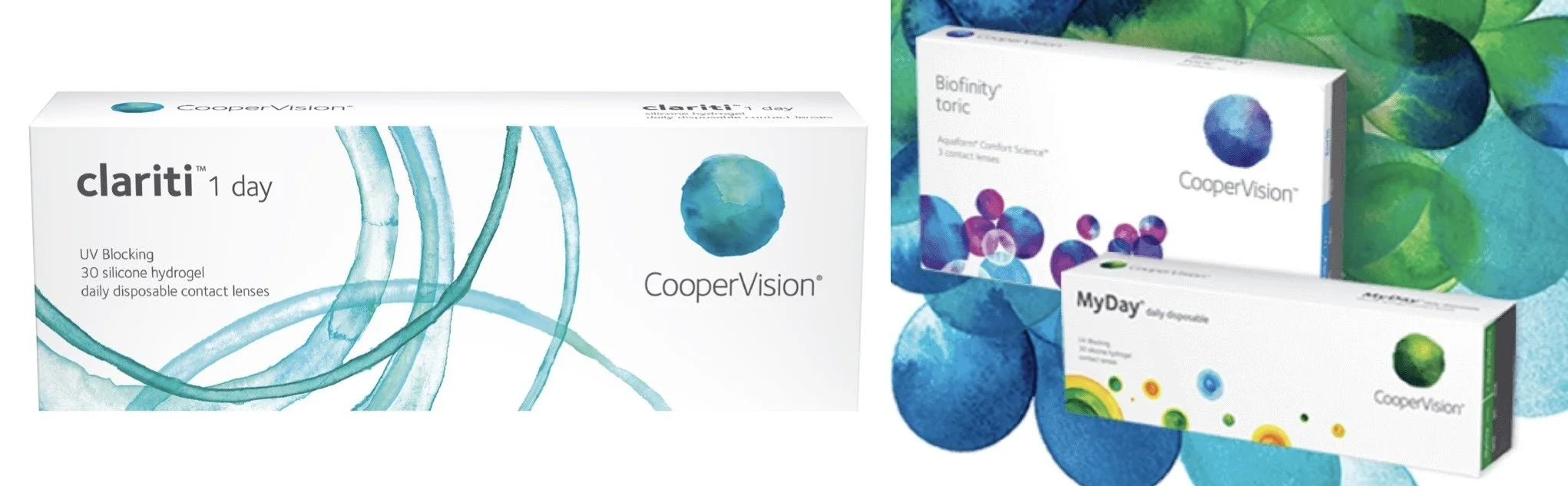 MyDay, Biofinity, and Clariti 1-Day daily and monthly lenses for myopia (near-sightedness), hyperopia (far-sightedness), astigmatism, and presbyopia (老花眼).