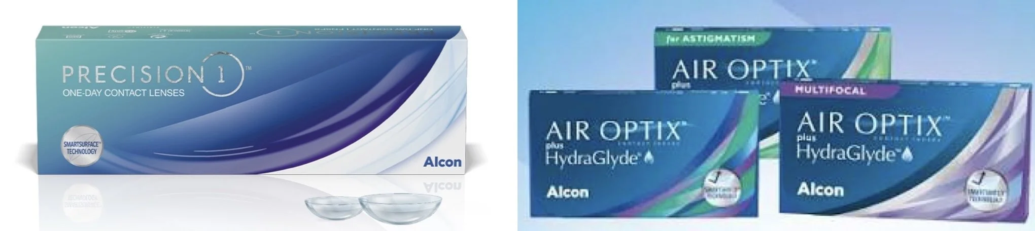 Precision1 daily and AirOptix monthly contact lenses to correct myopia, hyperopia, and presbyopia.