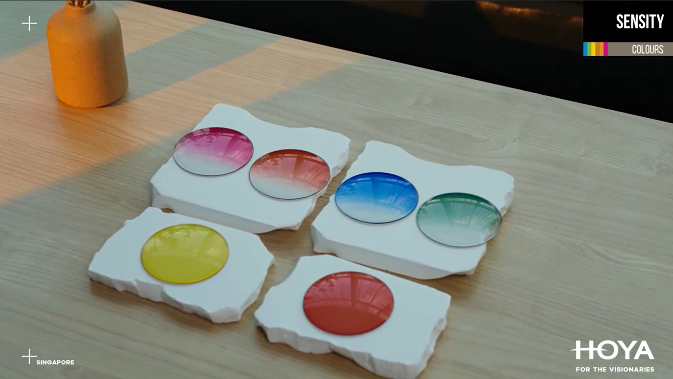 Hoya Sensity photochromic lenses in a wide variety of fashionable colors for UV protection for the eyes.