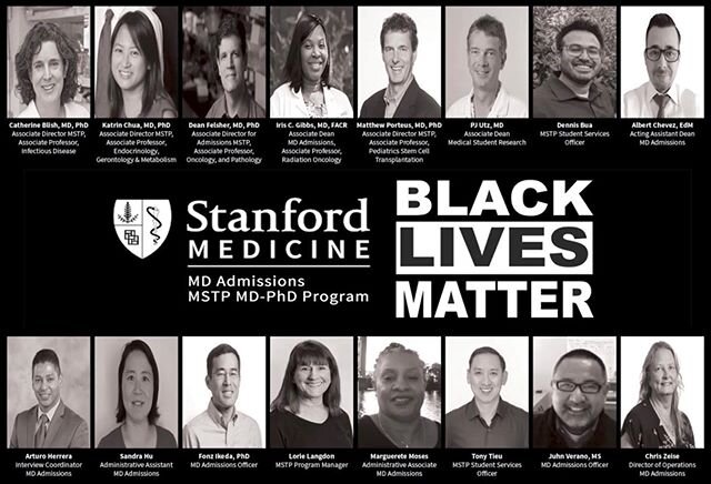 Yesterday, Stanford MD Admissions sent out a video message in solidarity with Black Lives Matter.
.
This is a screen grab from the video. Faculty and staff of MD Admissions and MSTP (the program that I work for).