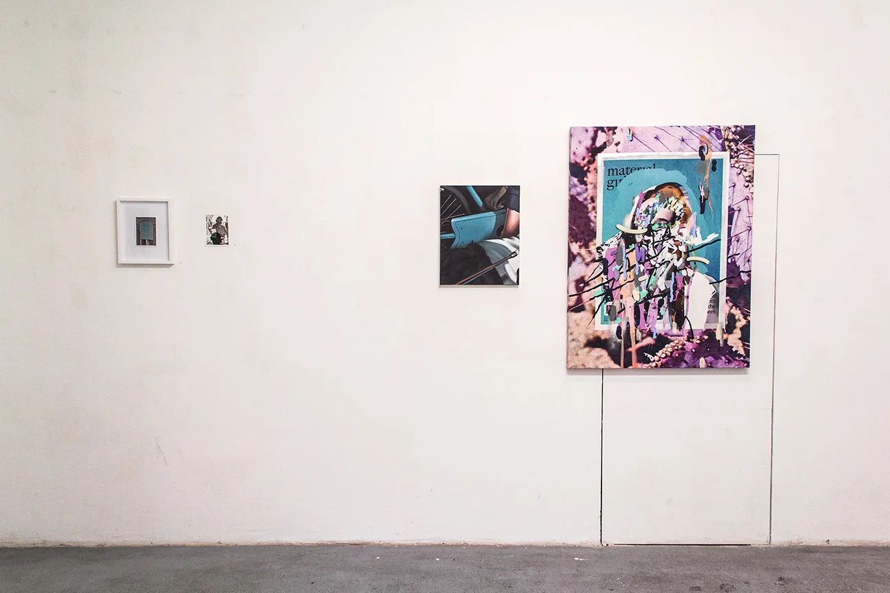 L1 "vormittag" - 10,5 x 14,8 cm, oil on paper, 2015 L2 "boring" - 12 x 16 cm, ink on paper, 2015 R1 "thumbnail_2" - 40 x 50 cm, oil on canvas, 2014 R2 "material girl" - (Nana Mandl) 90 x 120 cm, mixed media on digital print on canvas, 2015