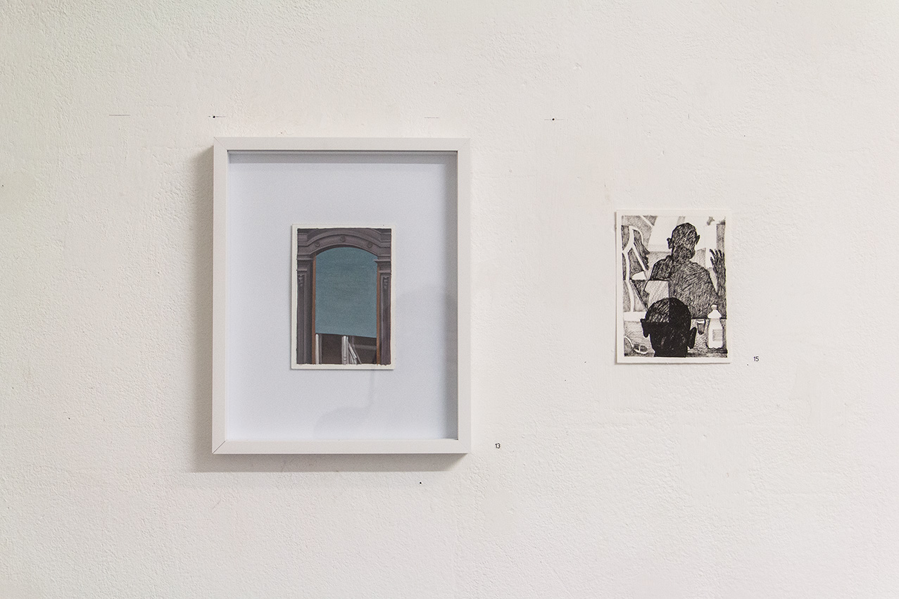 L "vormittag" - 10,5 x 14,8 cm, oil on paper framed, 2015 R "boring" - 12 x 16 cm, ink on paper, 2015