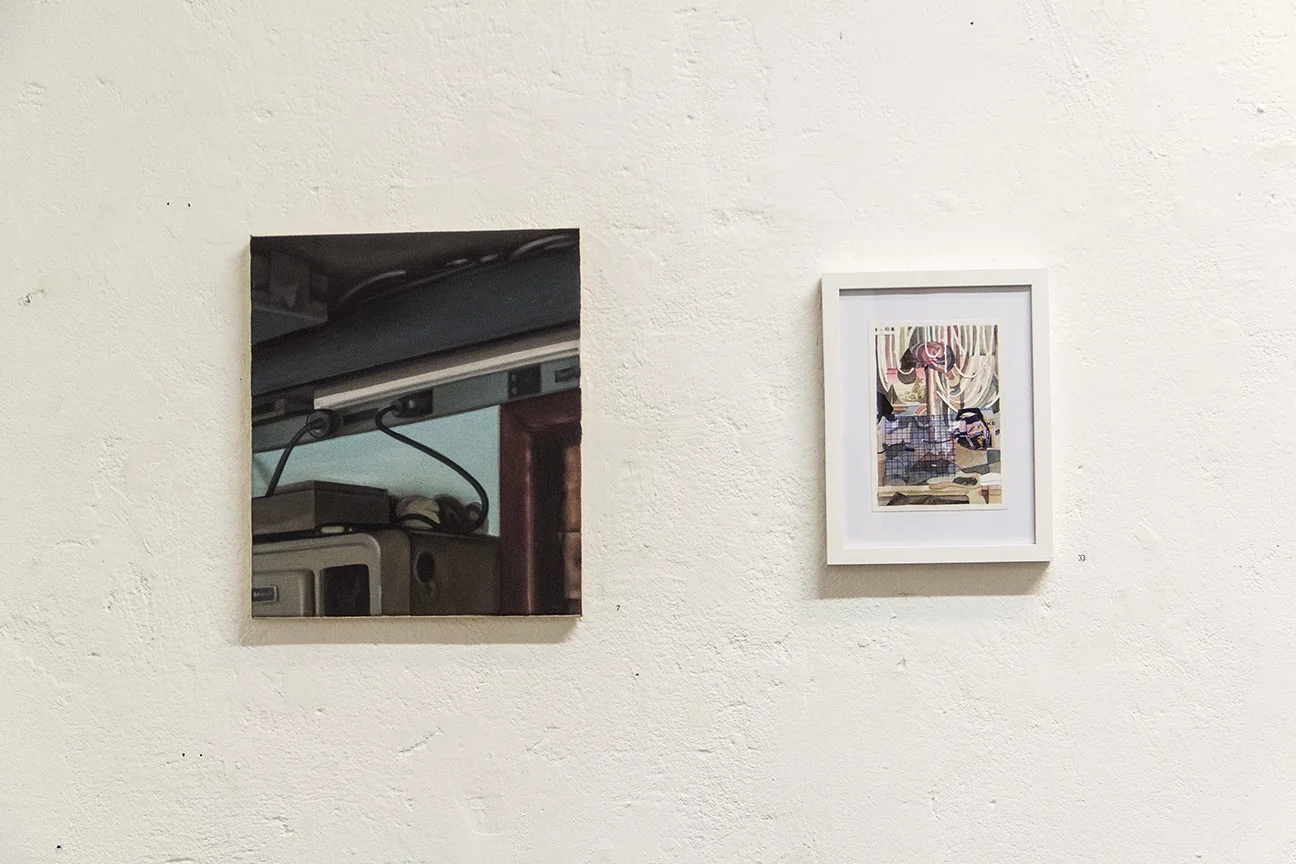 L "thumbnail_1" - 30 x 35 cm, acrylic on canvas, 2015 R "vain veil" - 20 x 26 cm, mixed media collage with frame (with nana mandl )