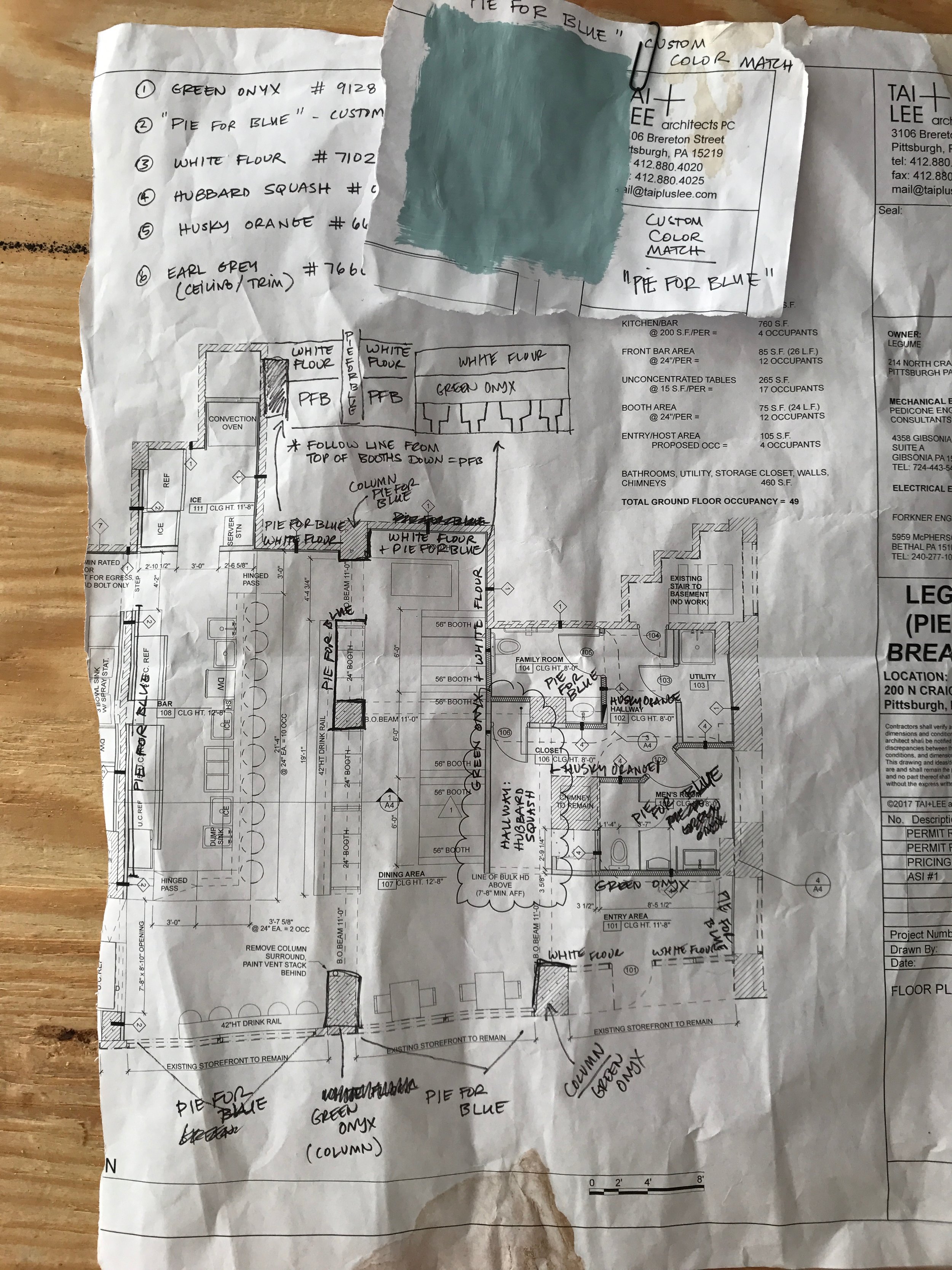  This was the official final plan for which walls got what colors and what paint the contractor should buy. There was only one custom color that I had to make and that’s the “Pie For Blue” you see there. 