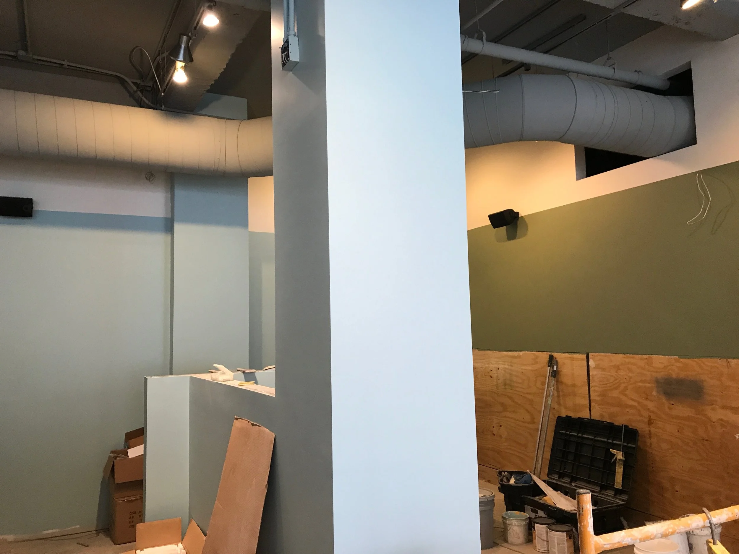Every surface getting it’s own treatment. The grey on the ceiling and the ductwork has become my favorite color and I’m using it everywhere now. Sherwin Williams EARL GREY 7660.