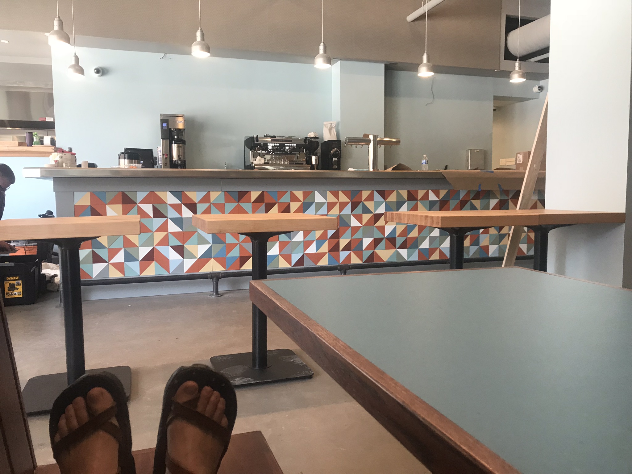 One of my three favorite seats in the house. At this point the elements are coming together so nicely - the bar, the walls, the sound panels, the lights, the booths, the tabletops…