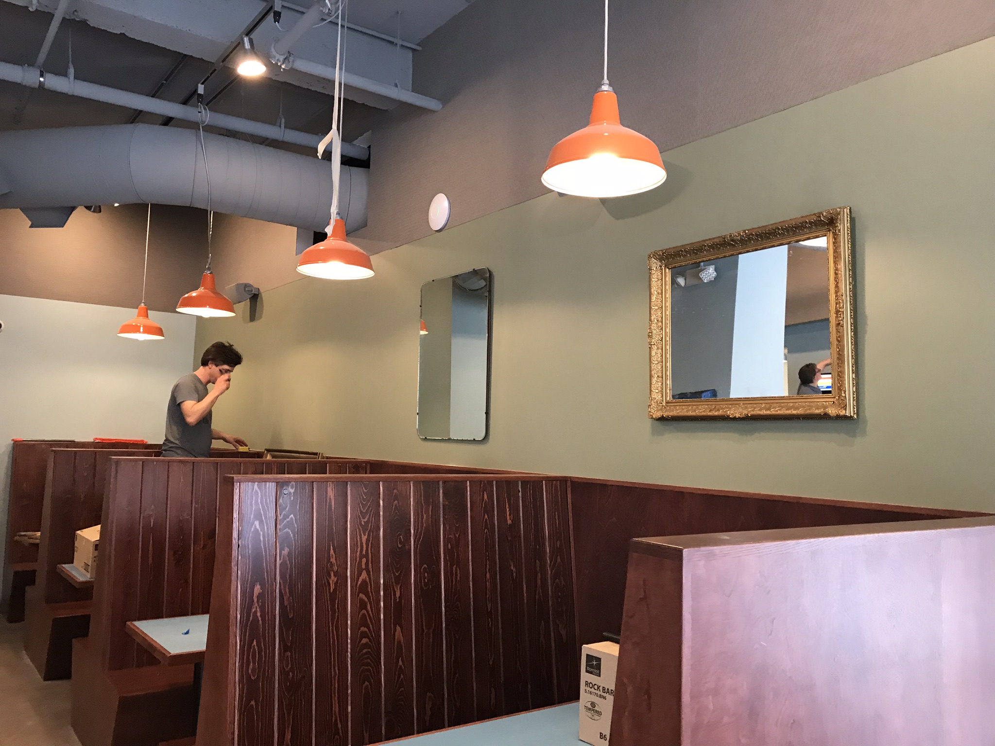 The first day we started hanging mirrors. I am finally getting over my hatred of wall anchors thanks to this project.