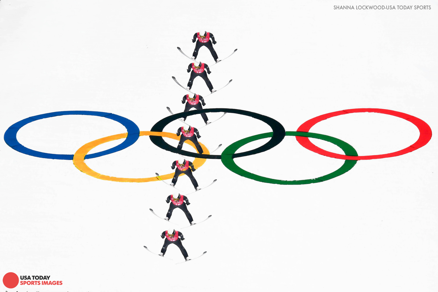  Feb 19, 2018; Pyeongchang, South Korea; Multiple exposure of Jason Lamy Chappuis (FRA) jumping in nordic combined training. Mandatory Credit: Shanna Lockwood-USA TODAY Sports 