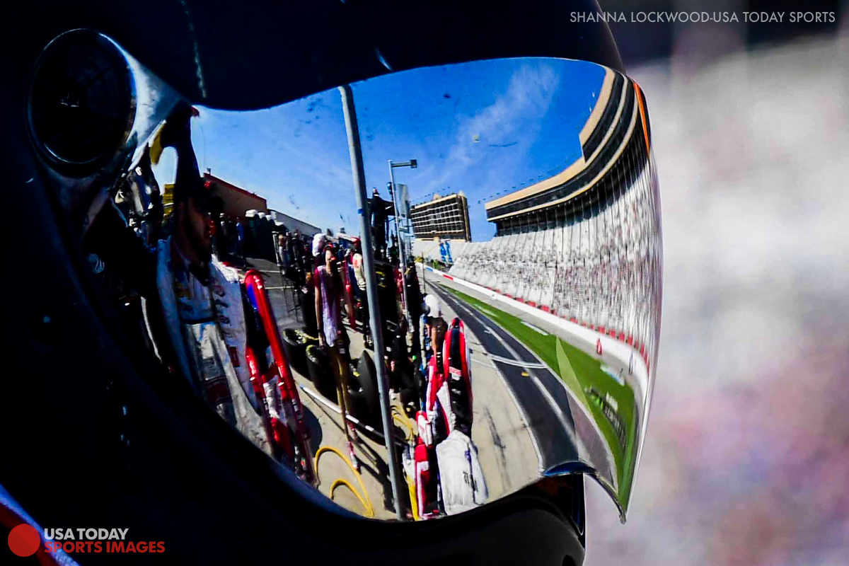  Mar 4, 2017; Hampton, GA, USA; Reflection of the track in the helmet of a pit crew member at Atlanta Motor Speedway. Mandatory Credit: Shanna Lockwood-USA TODAY Sports 