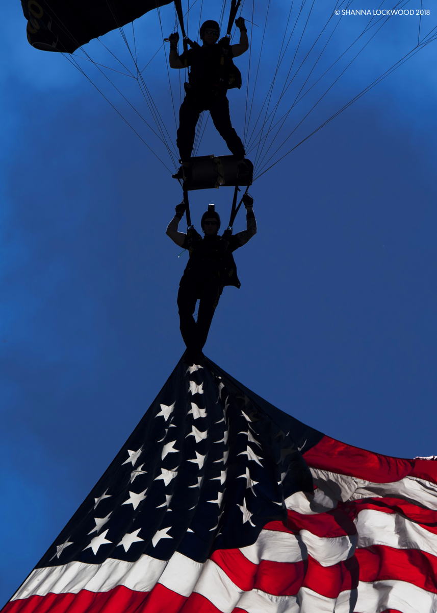  Apr 28, 2018; Myrtle Beach, SC, USA; US Special Operations Command Parachute Team flies during the 2018 Myrtle Beach Air Show in Myrtle Beach, South Carolina. Mandatory Credit: Shanna Lockwood 