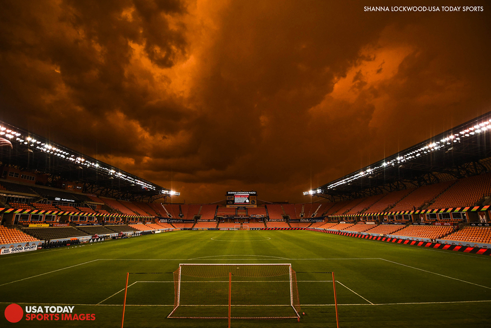 Jul 3, 2018; Houston, TX, USA; View of storm clouds over the stadium as fans are evacuated from the seats before the game between the Houston Dynamo and the Los Angeles FC at BBVA Compass Stadium. Mandatory Credit: Shanna Lockwood-USA TODAY Sports 