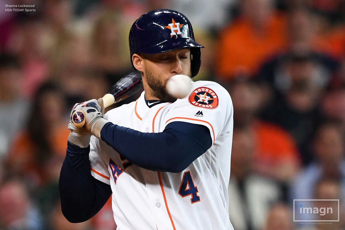  May 3, 2018; Houston, TX, USA; Houston Astros center fielder George Springer (4) reacts as a ball goes past his face during the sixth inning against the New York Yankees at Minute Maid Park. Mandatory Credit: Shanna Lockwood-USA TODAY Sports 