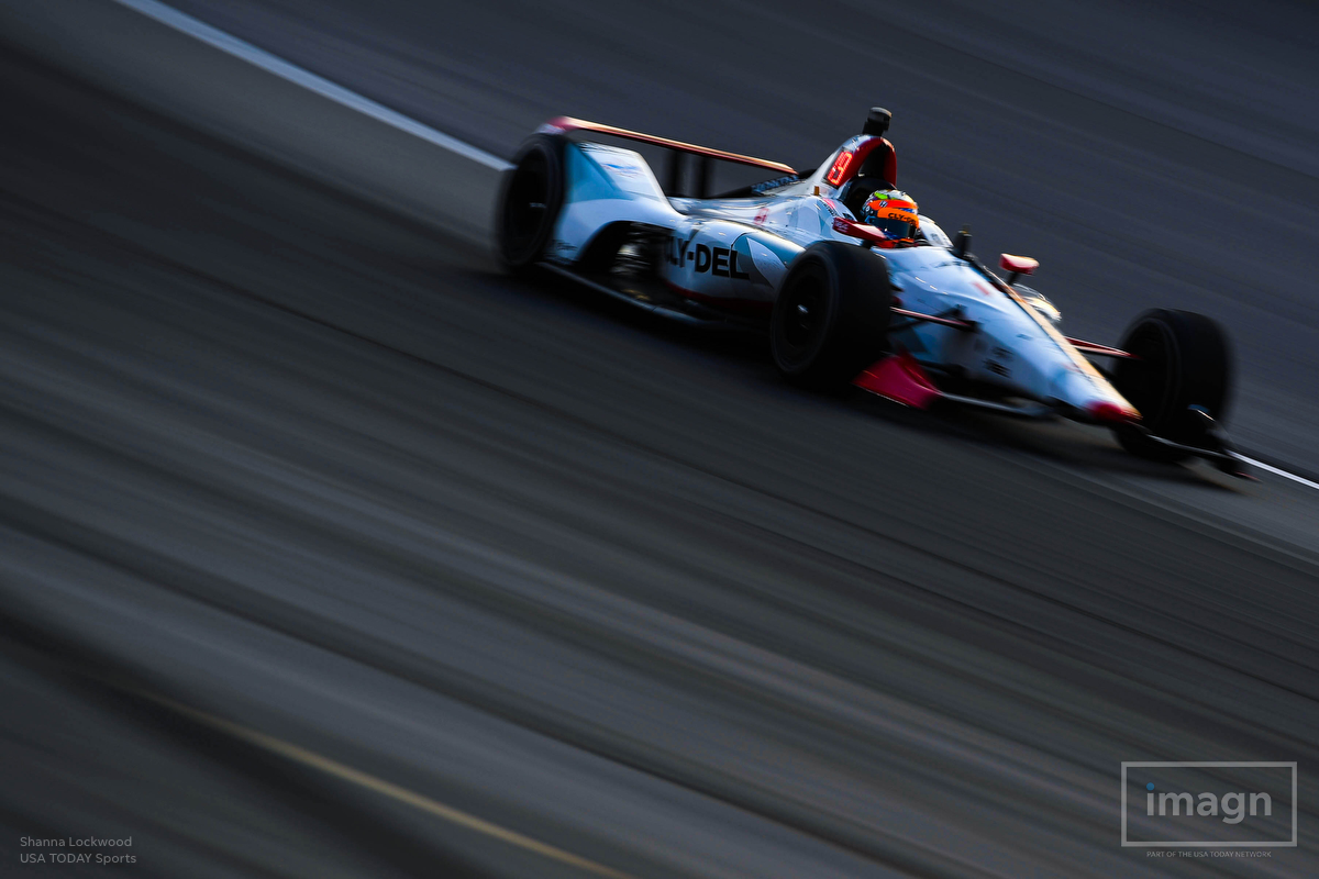  Jun 8, 2019; Fort Worth, TX, USA; 
(Editor Note: Slow shutter used.) Dale Coyne Racing driver Santino Ferrucci (19) of United States races during the DXC Technology 600 at Texas Motor Speedway. Mandatory Credit: Shanna Lockwood-USA TODAY Sports 