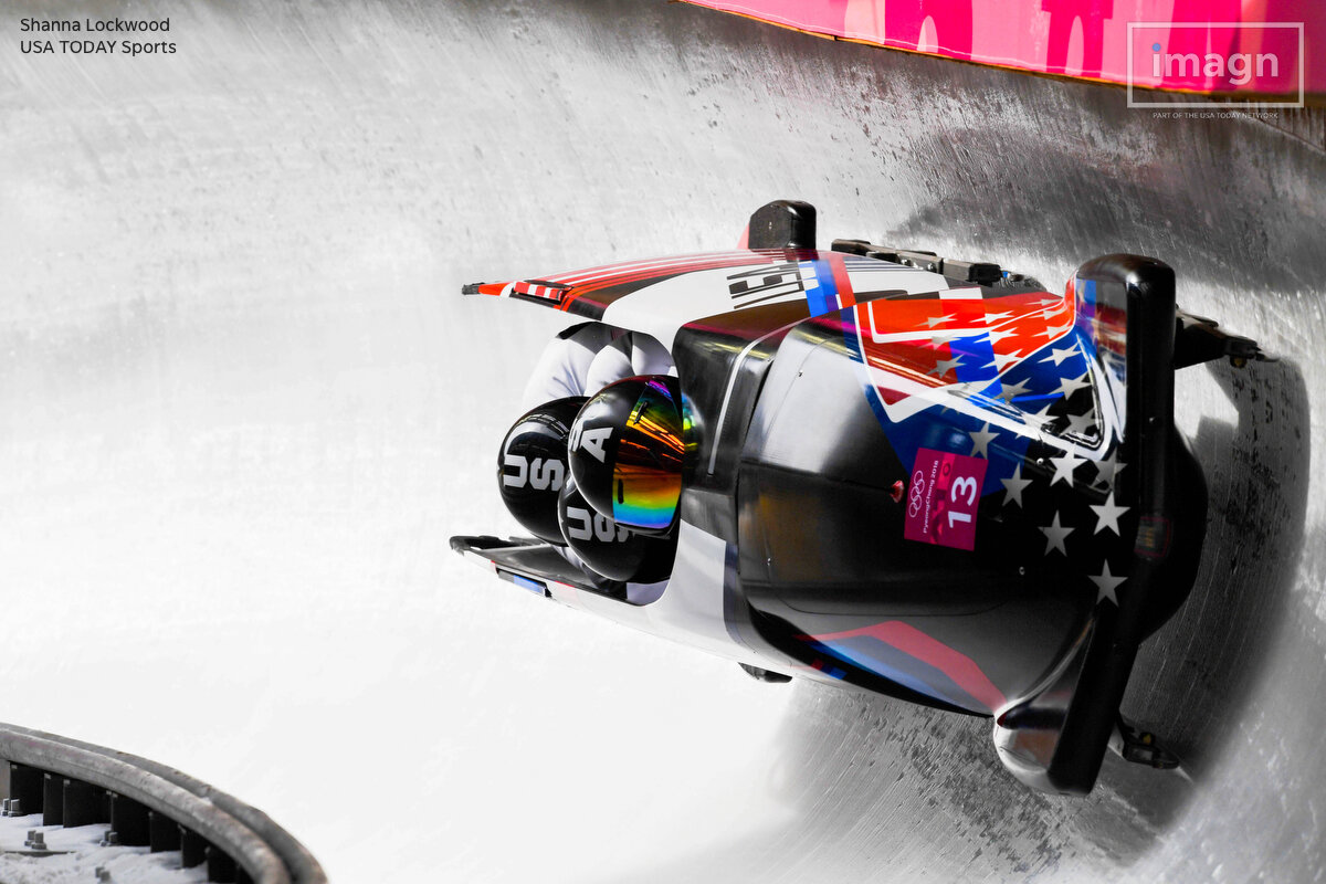 Feb 24, 2018; Pyeongchang, South Korea; Codie Bascue (USA) pilots in heat 2 of four-man bobsleigh during the Pyeongchang 2018 Olympic Winter Games at Olympic Sliding Centre. Mandatory Credit: Shanna Lockwood-USA TODAY Sports
