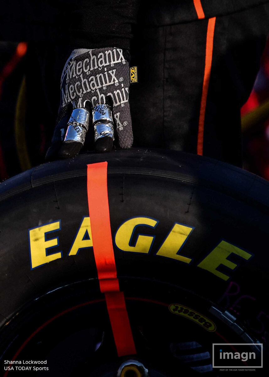  Mar 4, 2017; Hampton, GA, USA; View of a tire before a pit stop for NASCAR Cup Series driver Christopher Bell (4, not pictured) during the Active Pest Control 200 at Atlanta Motor Speedway. Mandatory Credit: Shanna Lockwood-USA TODAY Sports 