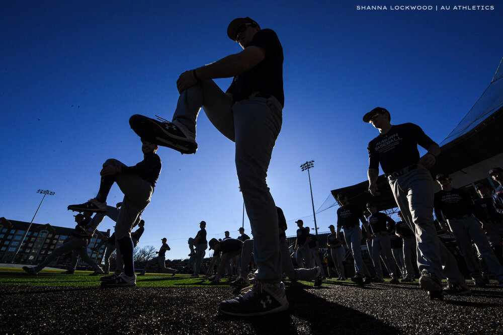  Jan 24, 2020; Auburn, AL, USA; Players warm up for practice at Plainsman Park. Mandatory Credit: Shanna Lockwood/AU Athletics 