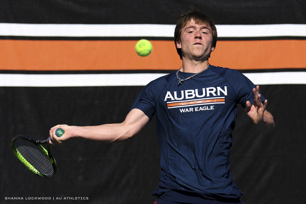  Feb 14, 2020; Auburn, AL, USA; Tyler Stice keeps his eye on the ball during the men's tennis match against Georgia State at Yarbrough Tennis Center. Mandatory Credit: Shanna Lockwood/AU Athletics 