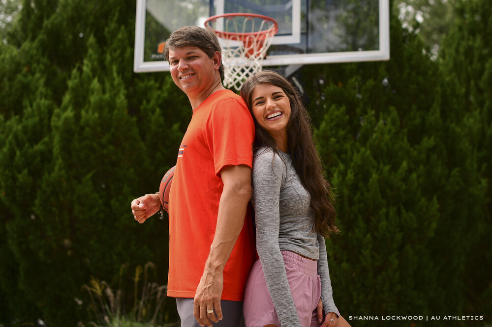  Jun 4, 2020; Auburn, AL, USA; Chad Prewett and Madi Prewett are interviewed by Jeff Shearer for Father’s Day 2020. Mandatory Credit: Shanna Lockwood/AU Athletics 