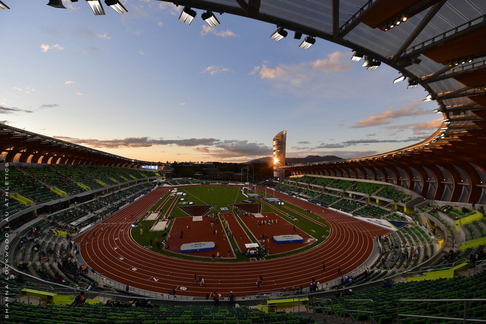  Jun 9, 2021; Eugene, OR, USA; Sunset view during day one of the 2021 NCAA Outdoor Track and Field Championship at Hayward Field. Mandatory Credit: Shanna Lockwood/AU Athletics 
