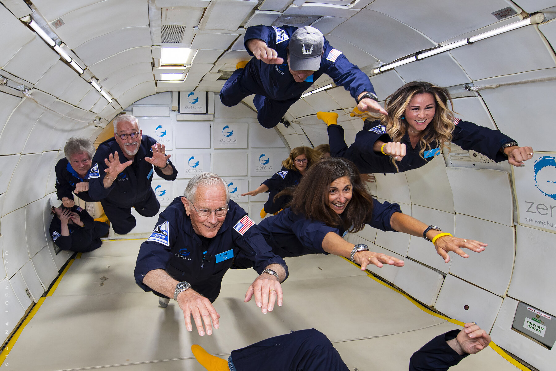  May 9, 2021; Merritt Island, FL; Apollo 16 astronaut Charlie Duke and shuttle astronaut Nicole Stott go on a Zero-G flight from Kennedy Space Center. Mandatory Credit: Shanna Lockwood/Space for a Better World 