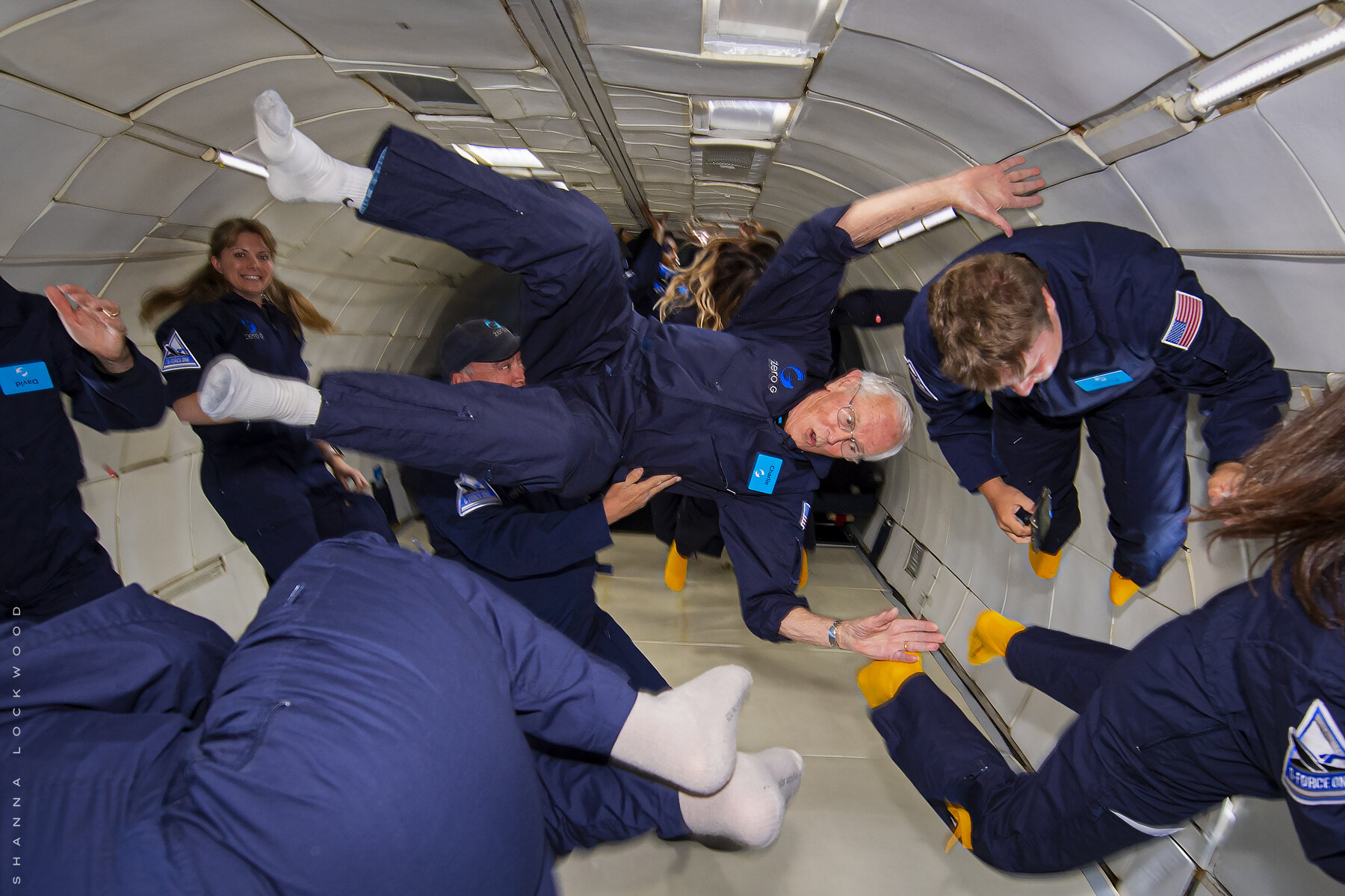  May 9, 2021; Merritt Island, FL; Apollo 16 astronaut Charlie Duke and shuttle astronaut Nicole Stott go on a Zero-G flight from Kennedy Space Center. Mandatory Credit: Shanna Lockwood/Space for a Better World 