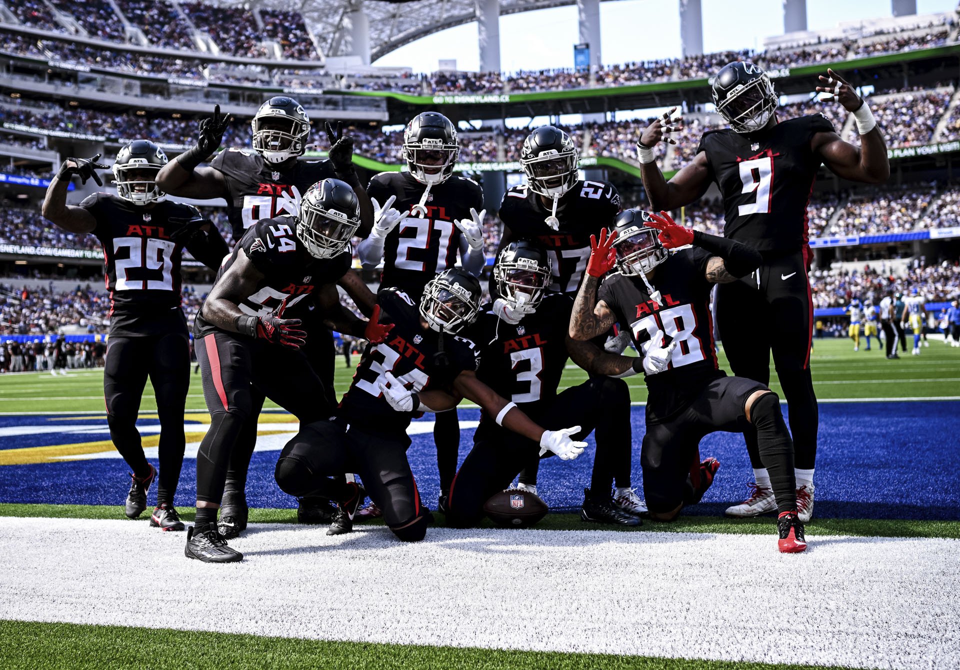  Atlanta Falcons inside linebacker Mykal Walker #3 celebrates after an interception during the second half against the Los Angeles Rams at SoFi Stadium in Inglewood, California on Sunday, September 18, 2022. (Photo by Shanna Lockwood/Atlanta Falcons)