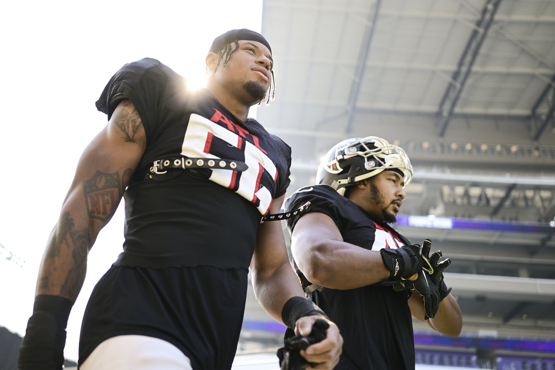  Atlanta Falcons outside linebacker Quinton Bell #56 and linebacker Jordan Brailford #49 during practice for the game against the Seattle Seahawks in Seattle, WA, on Wednesday, September 21, 2022. (Photo by Shanna Lockwood/Atlanta Falcons) 