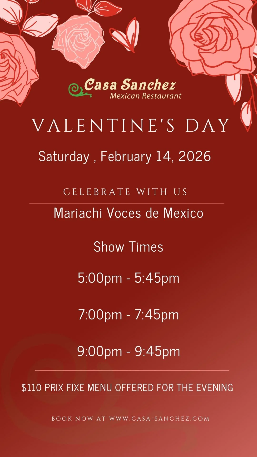 Valentine's day show times are at 5pm, 7pm and 9pm