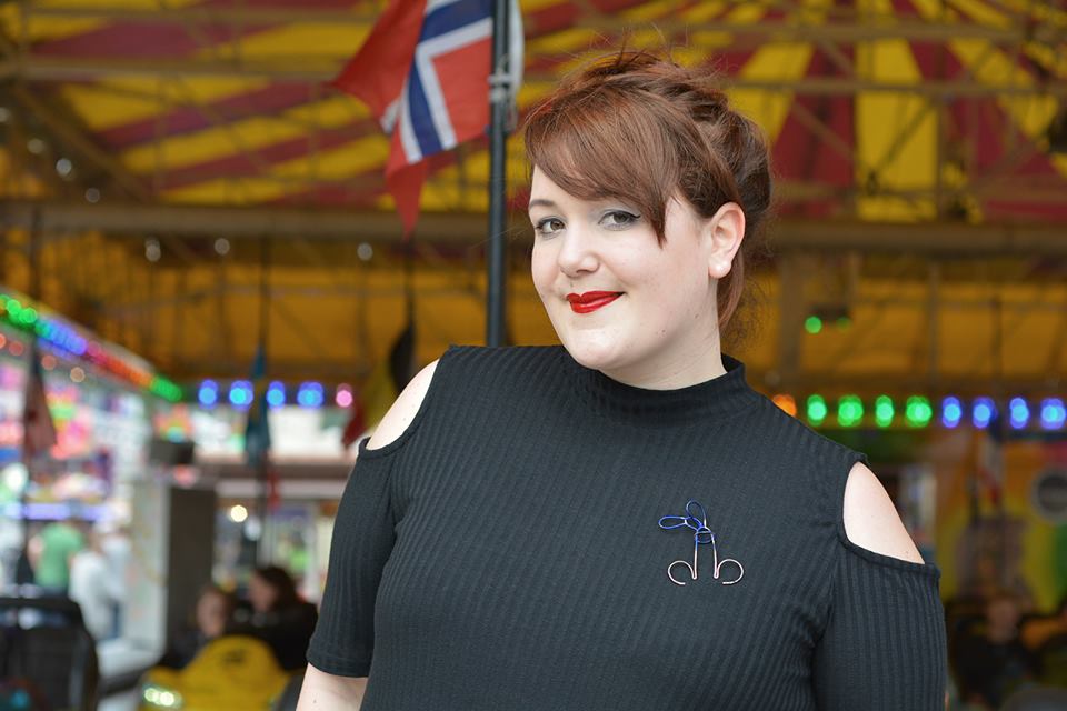 Caro Dentro wearing her Incipit brooch.