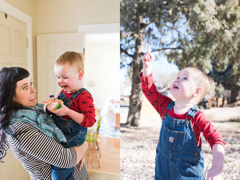 a fun mother holds and plays with her handsome son and an adorable child in a red shirt and denim overalls. &nbsp;Film family portraits by Sonja Salzburg of Sonja K Photography.&nbsp;&nbsp;
