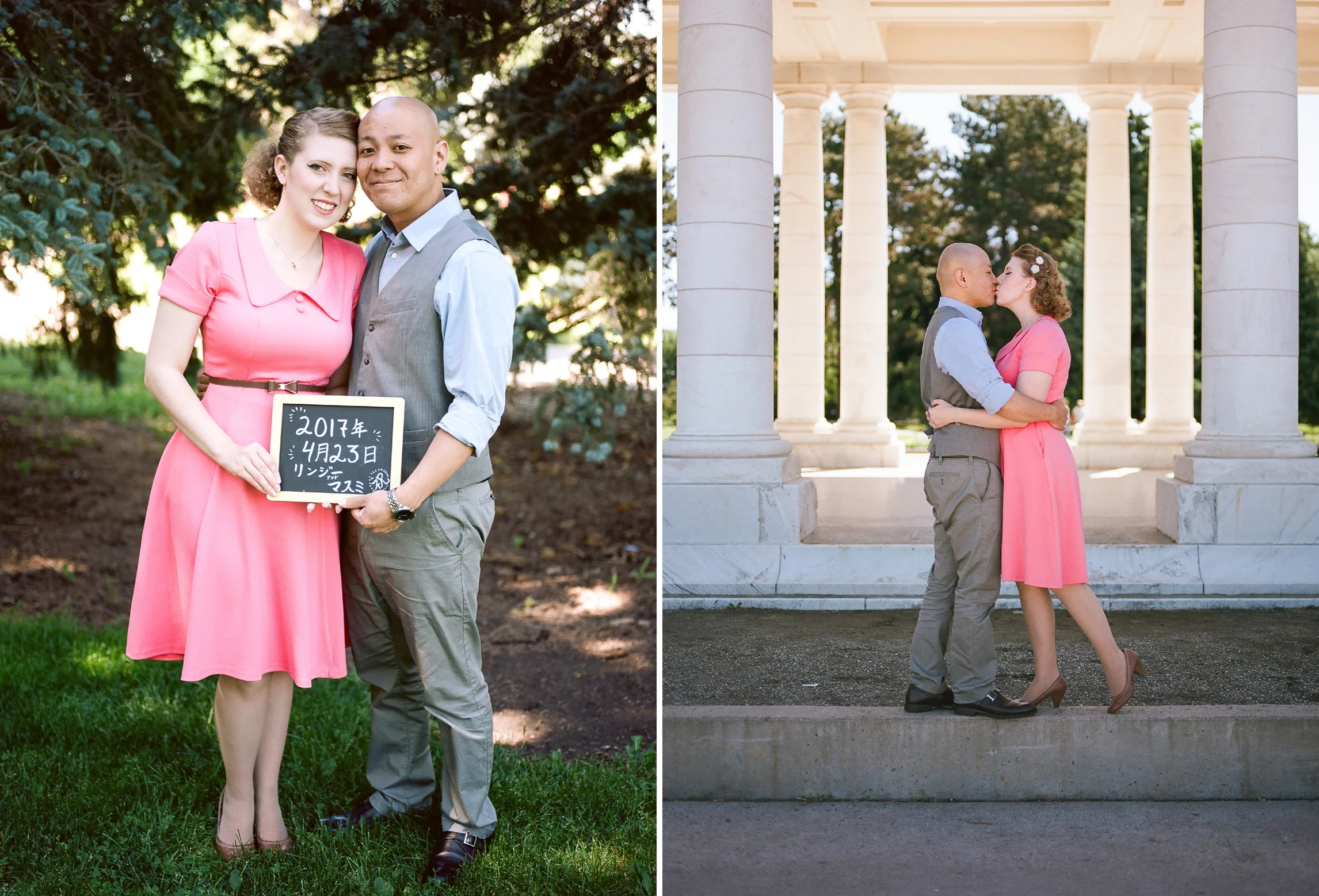 A cute engaged couple in Cheesman Park in Denver, Colorado. Engagement photography by Sonja Salzburg of Sonja K Photography.&nbsp;