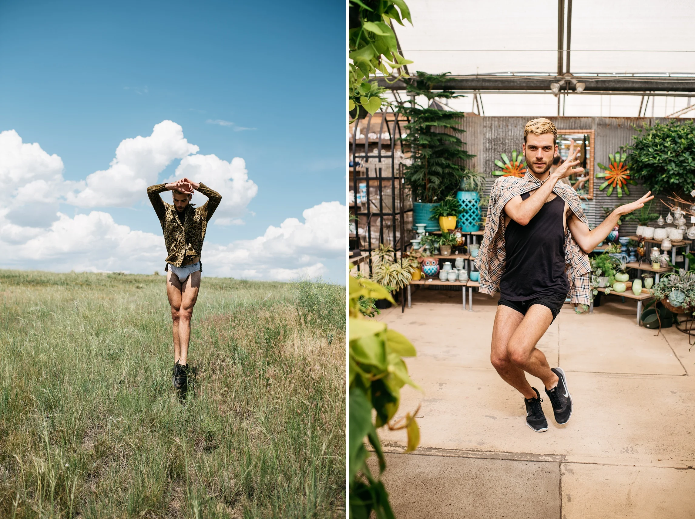 Ryan Page dancing outside and in a greenhouse in Fort Collins, Colorado. Photography by Sonja Salzburg of Sonja K Photography.