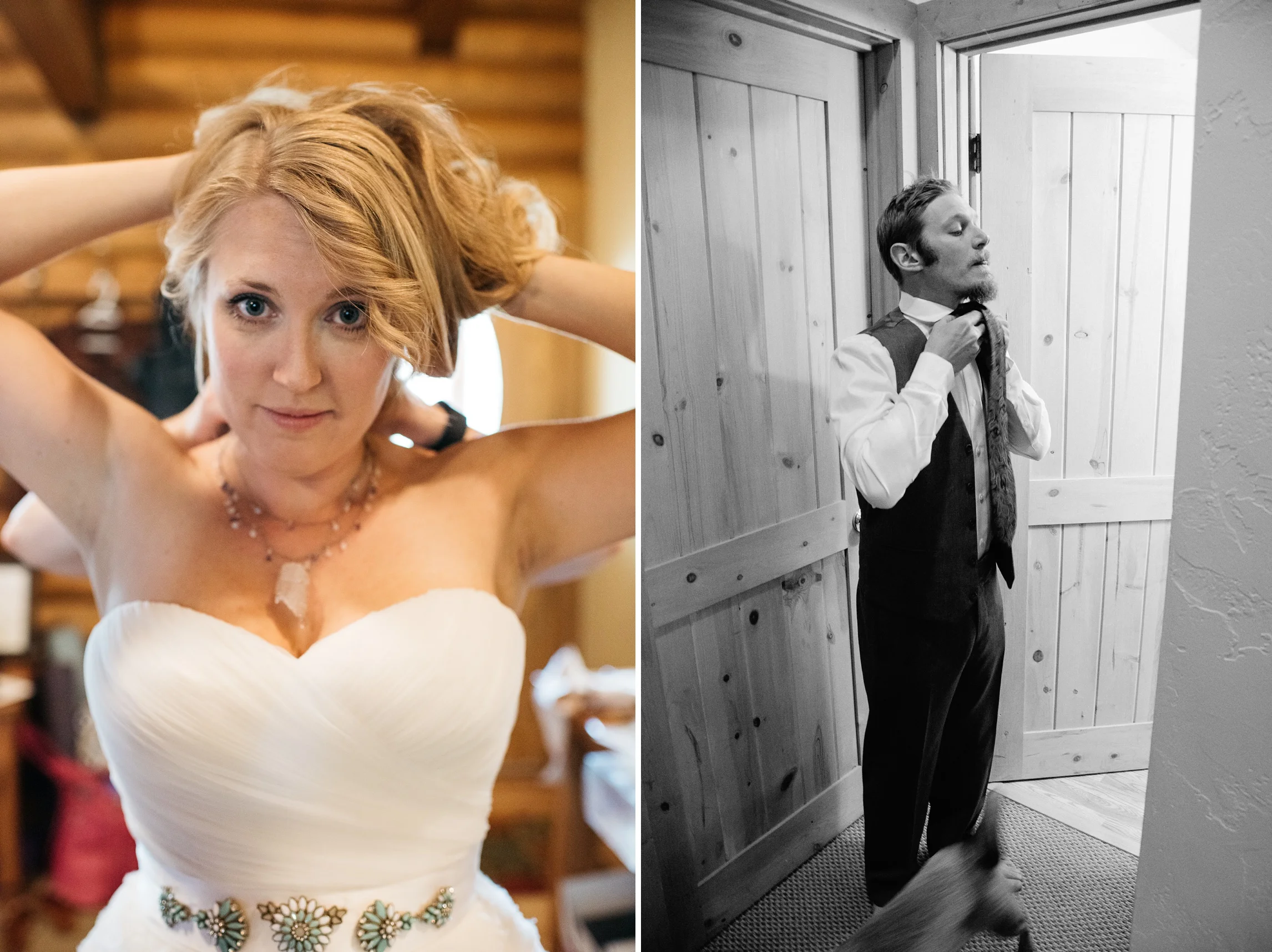 Karen and Doug get ready for their wedding day at Camp Hale. Wedding photography by Sonja and Max Salzburg of Sonja K Photography.&nbsp;