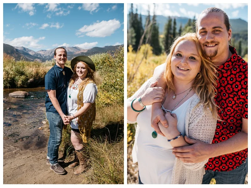 Stephanie and Daniel at Sprague Lake in Rocky Mountain National Park in Colorado. Engagement photography by Sonja Salzburg of Sonja K Photography.&nbsp;