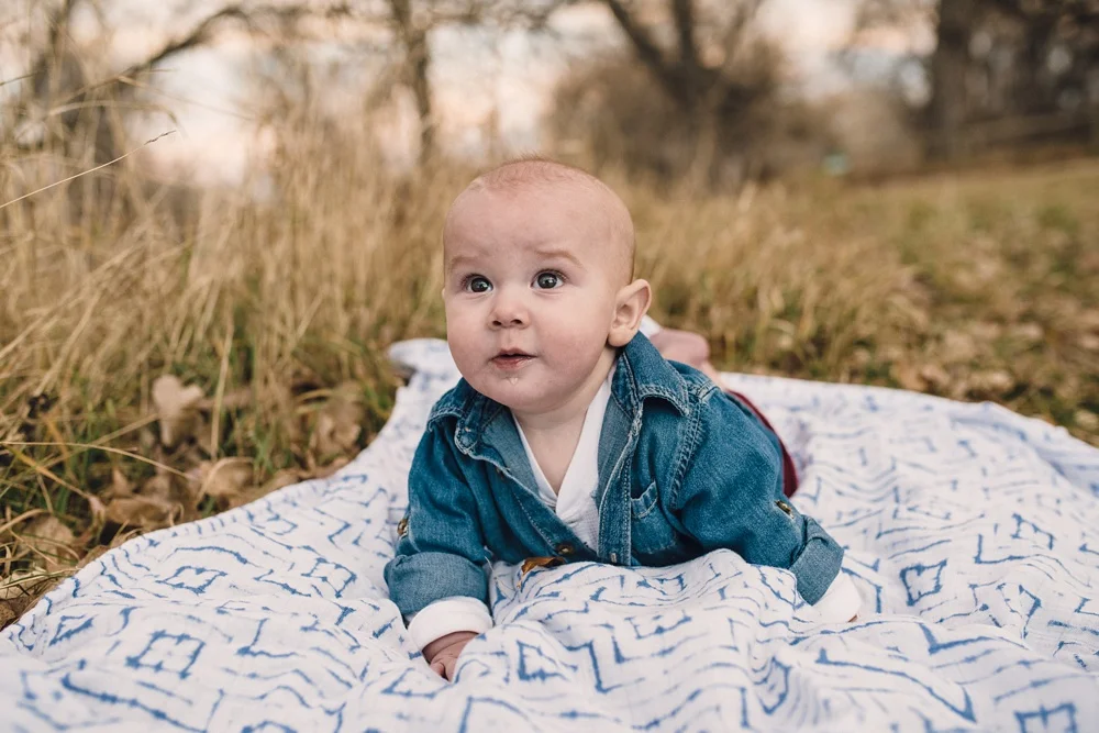 A beautiful baby on a blanket on a late fall evening at Legacy Park in Fort Collins, Colorado. Family portrait photography by Sonja Salzburg of Sonja K Photography.&nbsp;