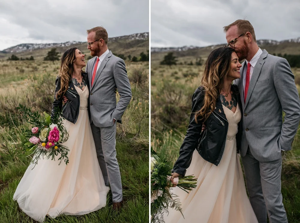A married couple on their wedding day at Lory State Park outside of Fort Collins, Colorado. Wedding photography by Sonja Salzburg of Sonja K Photography.&nbsp;