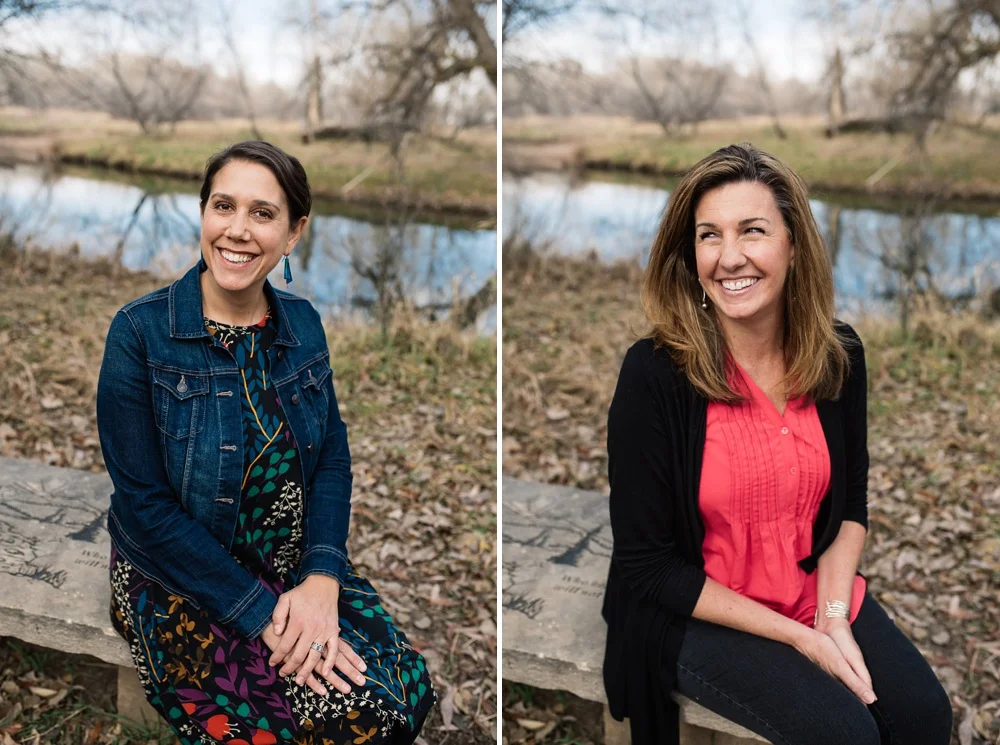 Katie Piccolo of Branches of Love Birth Services and Jennifer Ivans of Beautiful Beginnings Birth Services, both doulas, in Lee Martinez Park in Fort Collins, Colorado. Personal branding photography by Sonja Salzburg of Sonja K Photography.&nbsp;