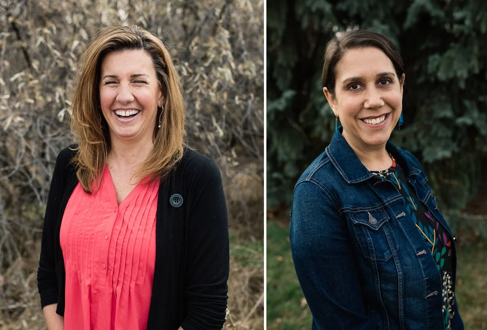 Fort Collins, Colorado doulas Jennifer Ivans and Katie Piccolo in Lee Martinez Park in Fort Collins, Colorado. Corporate headshot portrait photography by Sonja Salzburg of Sonja K Photography.&nbsp;