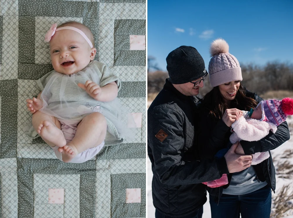 A happy baby and her family in Windsor, Colorado. Family portrait photography by Sonja Salzburg of Sonja K Photography.&nbsp;