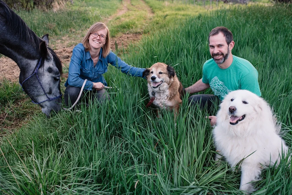 A young family with their dogs and horse at Poudre River Stables in Fort Collins, Colorado. Family portrait photography by Sonja Salzburg of Sonja K Photography.&nbsp;