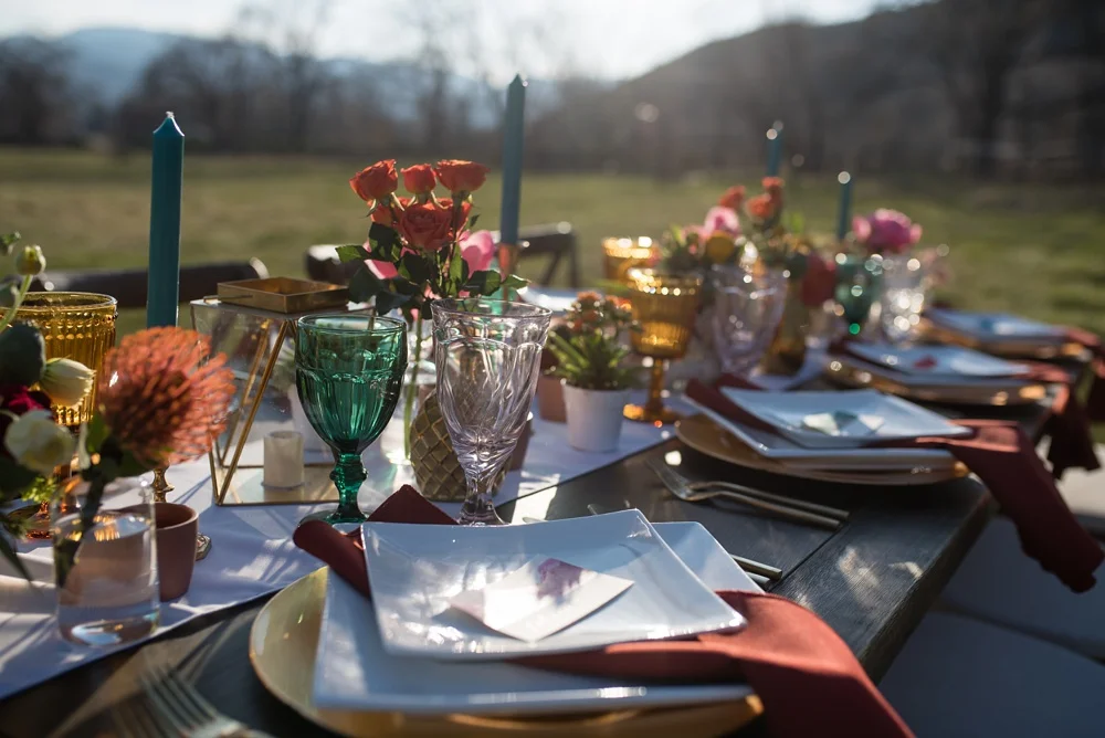 A table setting designed by Gumption and Grace at a styled shoot at Rist Canyon Inn outside of Laporte, Colorado. Wedding styled shoot photography by Sonja Salzburg of Sonja K Photography.&nbsp;