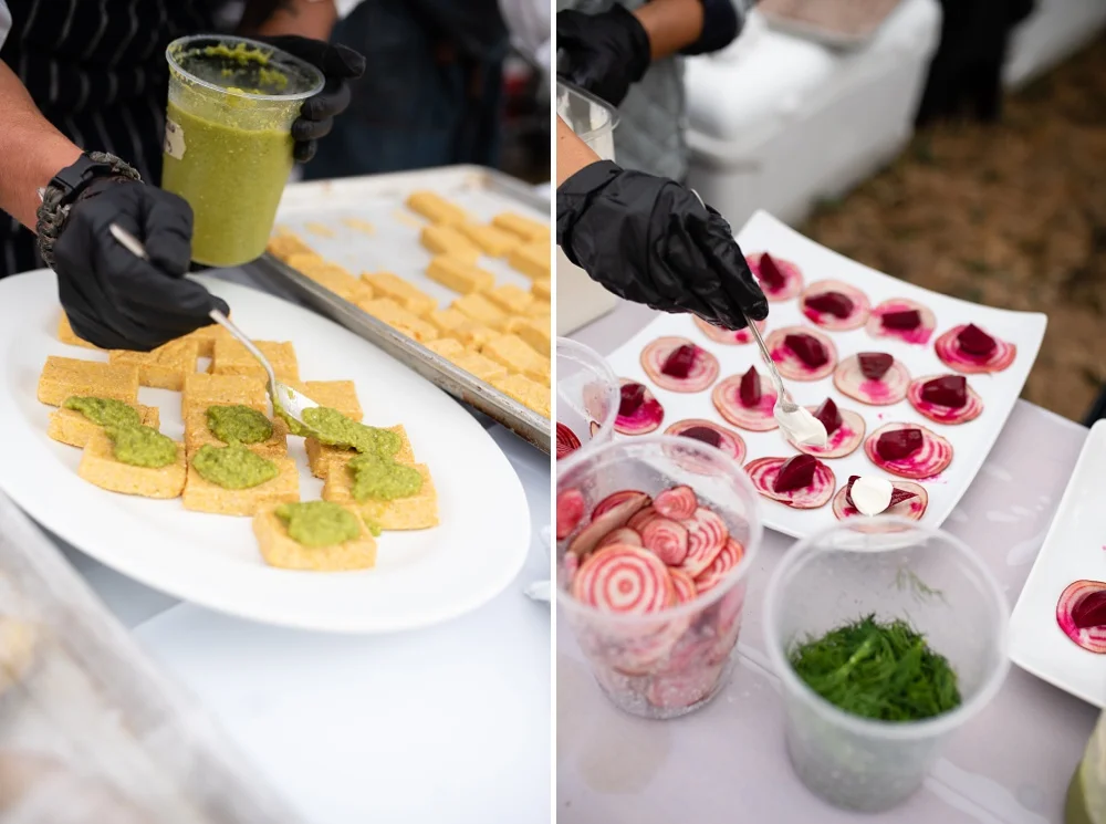 Appetizers being prepared at the Heart of Summer Farm Dinner presented by Fortified Collaborations at the Colorado Stock and Grain Farm in Colorado. Event and Food and Beverage photography by Sonja Salzburg of Sonja K Photography.