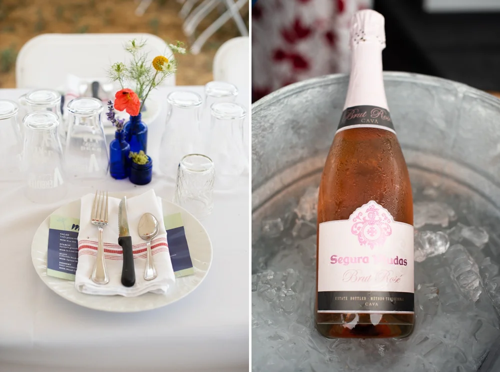 A place setting and Rose wine at the Fortified Collaborations Hear of Summer Farm Dinner at Colorado Stock and Grain Farm in Colorado. Event and Food and Beverage photography by Sonja Salzburg of Sonja K Photography.