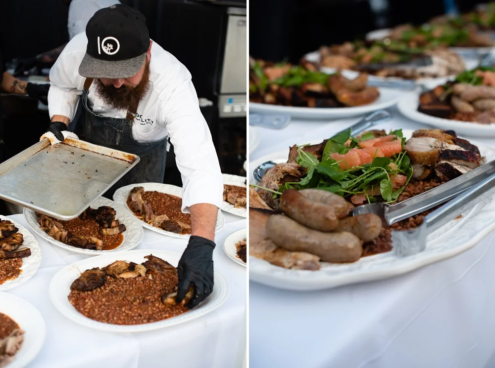 Chef Dryden Goss of Locality puts the final touches on a course at the 2018 Fortified Collaborations Heart of Summer Farm Dinner at Colorado Stock and Grain Farm in Colorado. Food and Beverage and Event photography by Sonja Salzburg of Sonja K Photo…