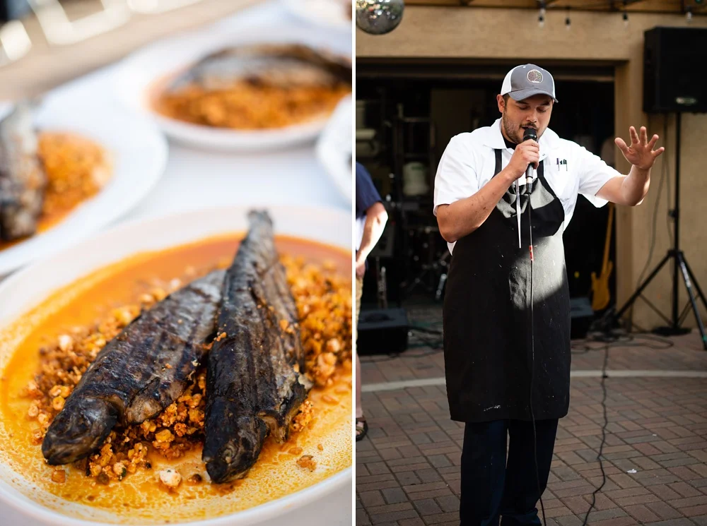 The main course and Chef Ryan Damasky of Fish Restaurant and Market talks about the cuisine at the Fortified Collaborations Second Sunday Supper in Montezuma Fuller Alley in Fort Collins, Colorado. Event and Food and Beverage Photography by Sonja Sa…