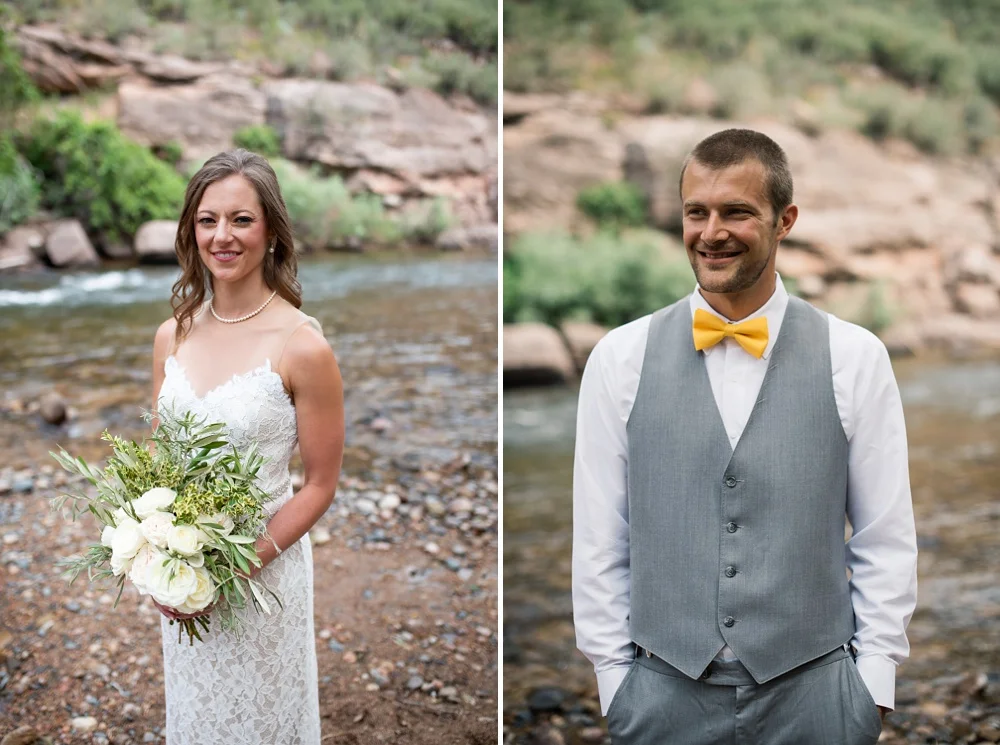 A bride and groom on their wedding day by the Cache la Poudre River outside of Fort Collins, Colorado. Wedding portrait photography by Sonja Salzburg of Sonja K Photography.