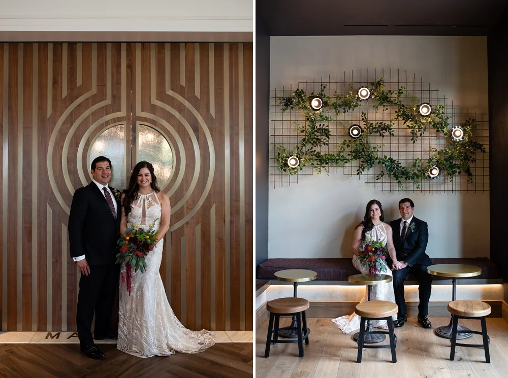 A bride and groom on their wedding day at the Magic Rat inside the Elizabeth Hotel in Fort Collins, Colorado. Wedding portrait photography by Sonja Salzburg of Sonja K Photography.