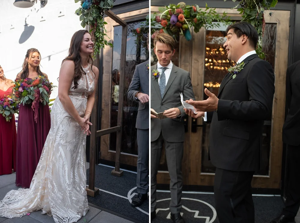 A bride and groom at their wedding ceremony at Ginger and Baker in Fort Collins, Colorado. Wedding photography by Sonja Salzburg of Sonja K Photography.